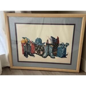 Shop Til You Drop by Karen Rae Vintage 1992 LARGE Framed Art Print Western Boots